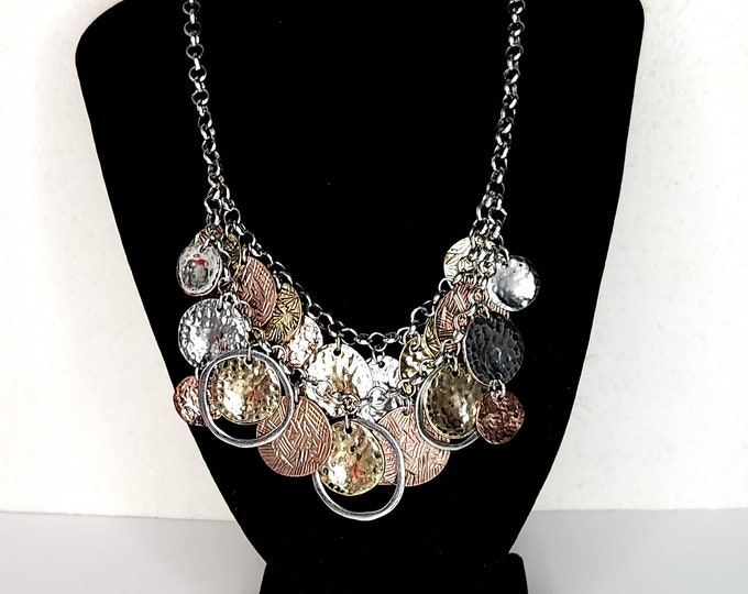 Vintage Silver Tone Rolo Chain Necklace with Silver Tone, Gold Tone and Copper Tone Coin / Disc Dangles D-3-91