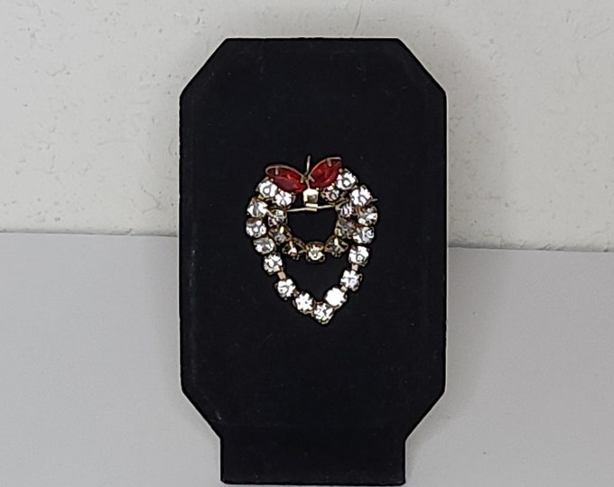 Vintage Gold Tone, Clear Rhinestone, Gray Rhinestone and Red Navette Rhinestone Brooch / Pendant D-2-52