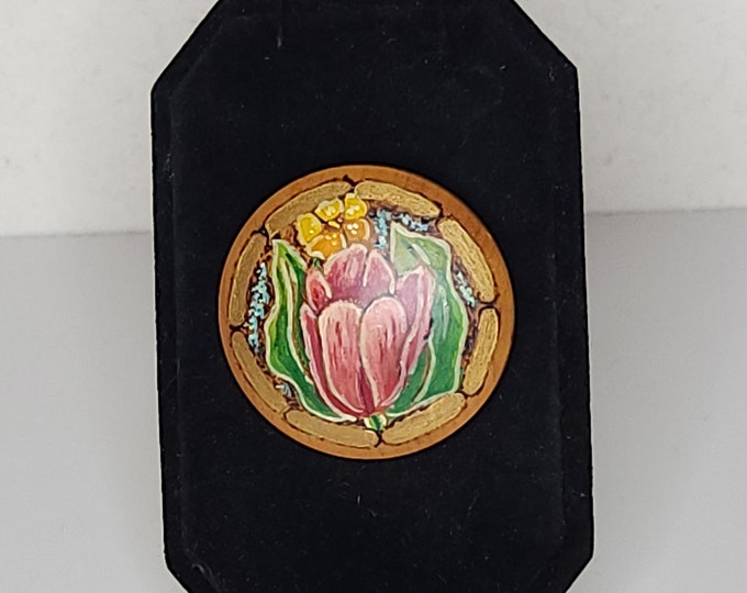 Vintage Irvin H Herbein Signed Round Wood Brooch Pin with Hand Painted Floral Design B-2-29