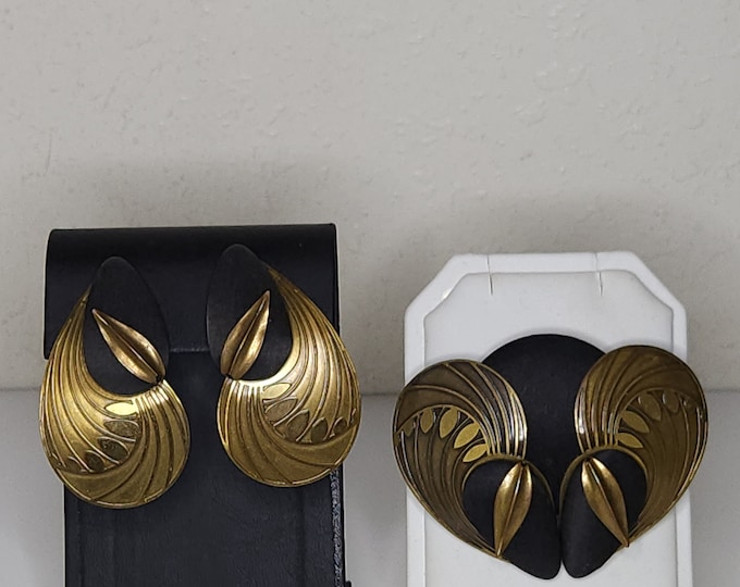 Vintage 80's Art Deco Brass and Material Brooch and Clip-On Earrings Set C-2-79