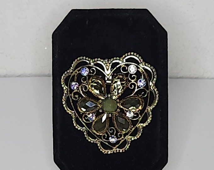 Vintage 1928 Brand Gold Tone Heart Brooch Pin with Green and AB Rhinestones C-2-39