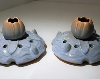 Vintage Weller Art Pottery Water Pond Lily Waterlily Lotus Bud Candlestick Holders w/Frog RARE HTF!