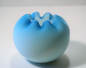 Blue Gradient "Peach Blow" Ruffled Edge Rose Bowl by Mt Washington Glass