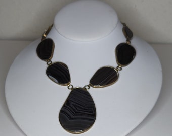 Vintage Marcia Moran Signed Jolie Black and Brown Agate Slice Bib Necklace 18K Plated A-3-23
