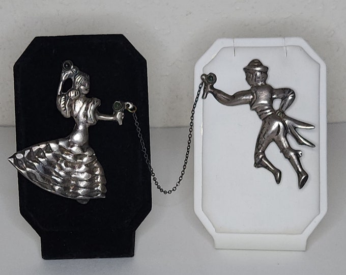 Vintage 35 Grams Sterling Mexico Signed Dancers with Maracas with Stone Brooch Pins C-3-48