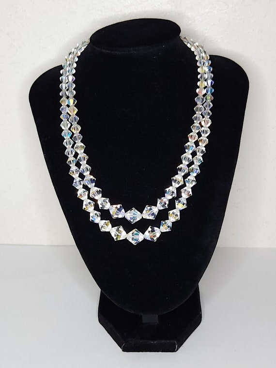Vintage Two Strand Iridescent Clear Glass Diamond… - image 1