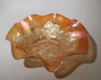 Dugan Opalescent Marigold Peach Bells and Beads Floral Pattern Ruffled Bowl