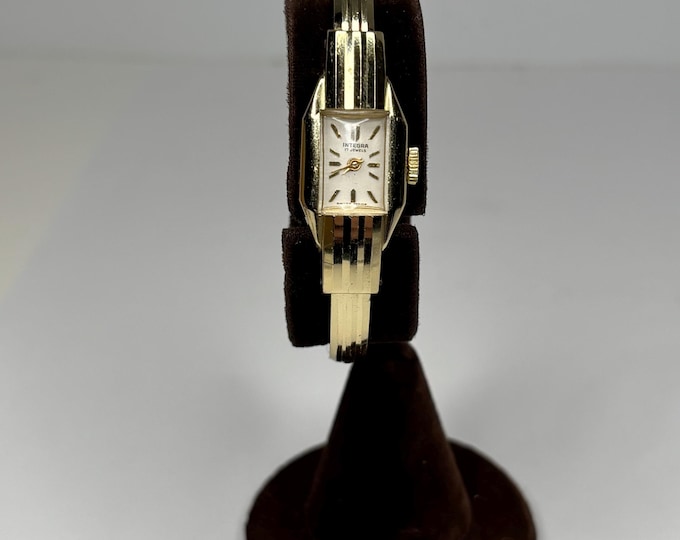 Art Deco Revival Gold-Tone Curved Crystal Hinged Clamper-Style Wind-Up Ladies Watch D-7-29