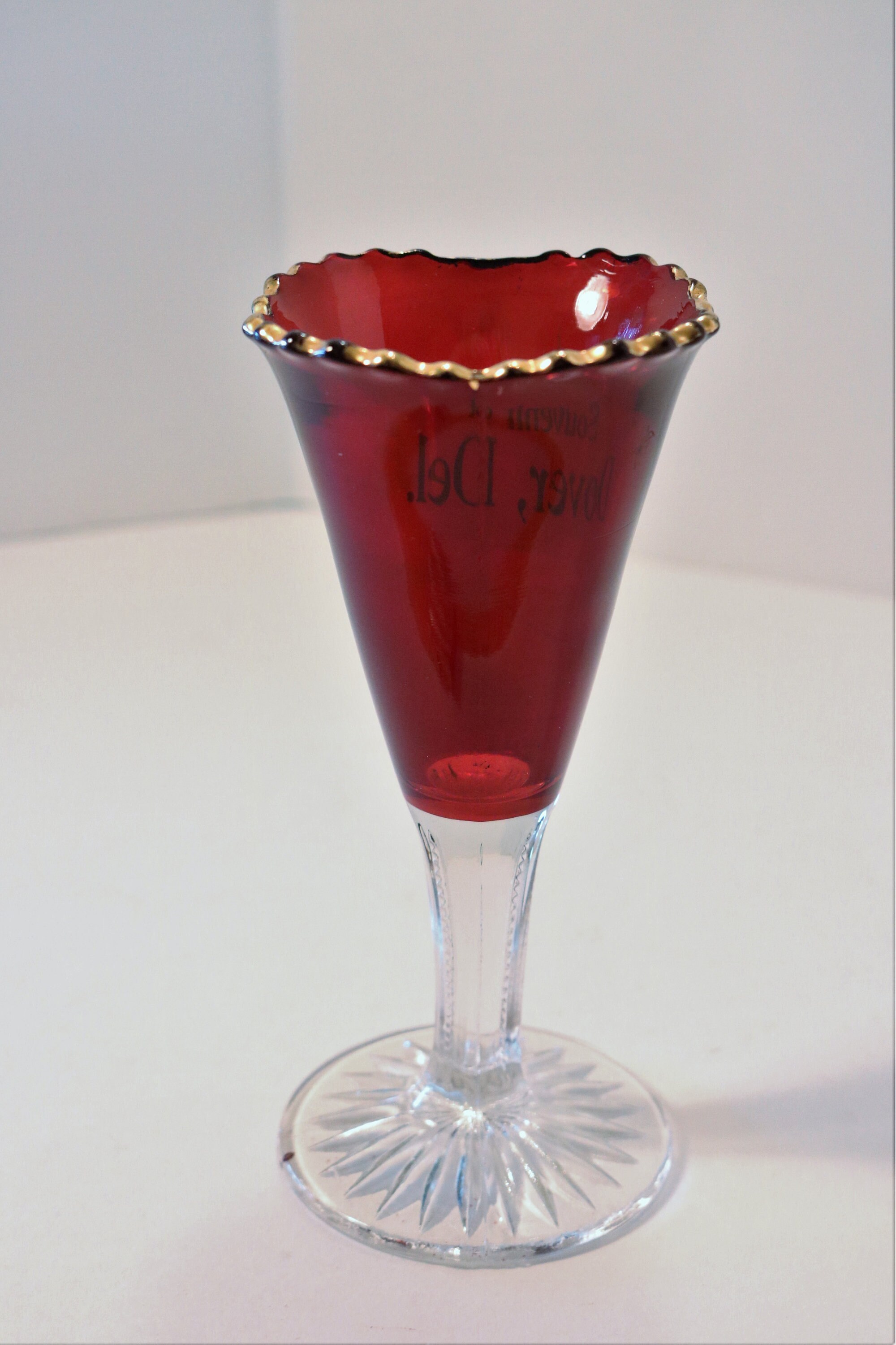 Vintage Ruby Flashed Dover, Del Souvenir Wine Glass