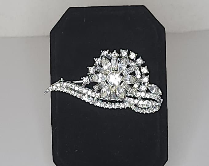 Vintage Silver Tone and Clear Rhinestone Floral Brooch Pin B-6-50