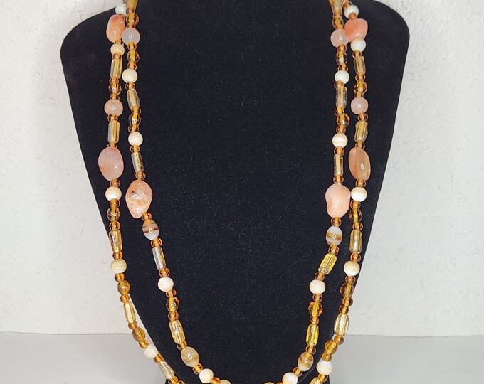 Vintage Quartz and Golden Yellow Art Glass Beaded Two Strand Necklace D-4-58