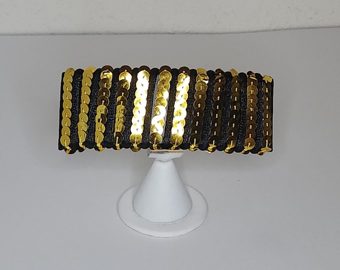 Vintage Gold Tone Sequins and Black Cord Striped Hair Barrette / Clip D-2-64