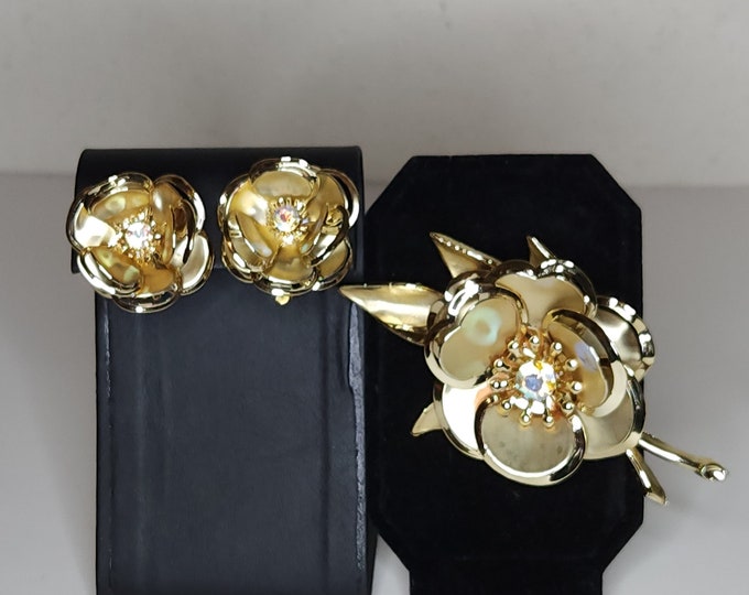 Vintage Brushed Gold Tone and AB Rhinestone 3-Dimensional Flower Brooch and Clip-On Earrings Set A-8-80