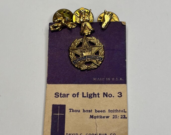 Vintage Gold Tone Star of Light Perfect Attendance and 2 Angles and 1 Footprint Pinch Back Pins D-8-64
