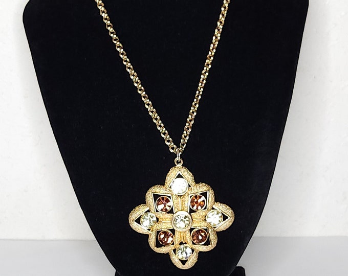 Vintage Sarah Coventry Signed 'Starburst' Gold Tone Pendant Necklace with Brown and Clear Rhinestones C-6-46