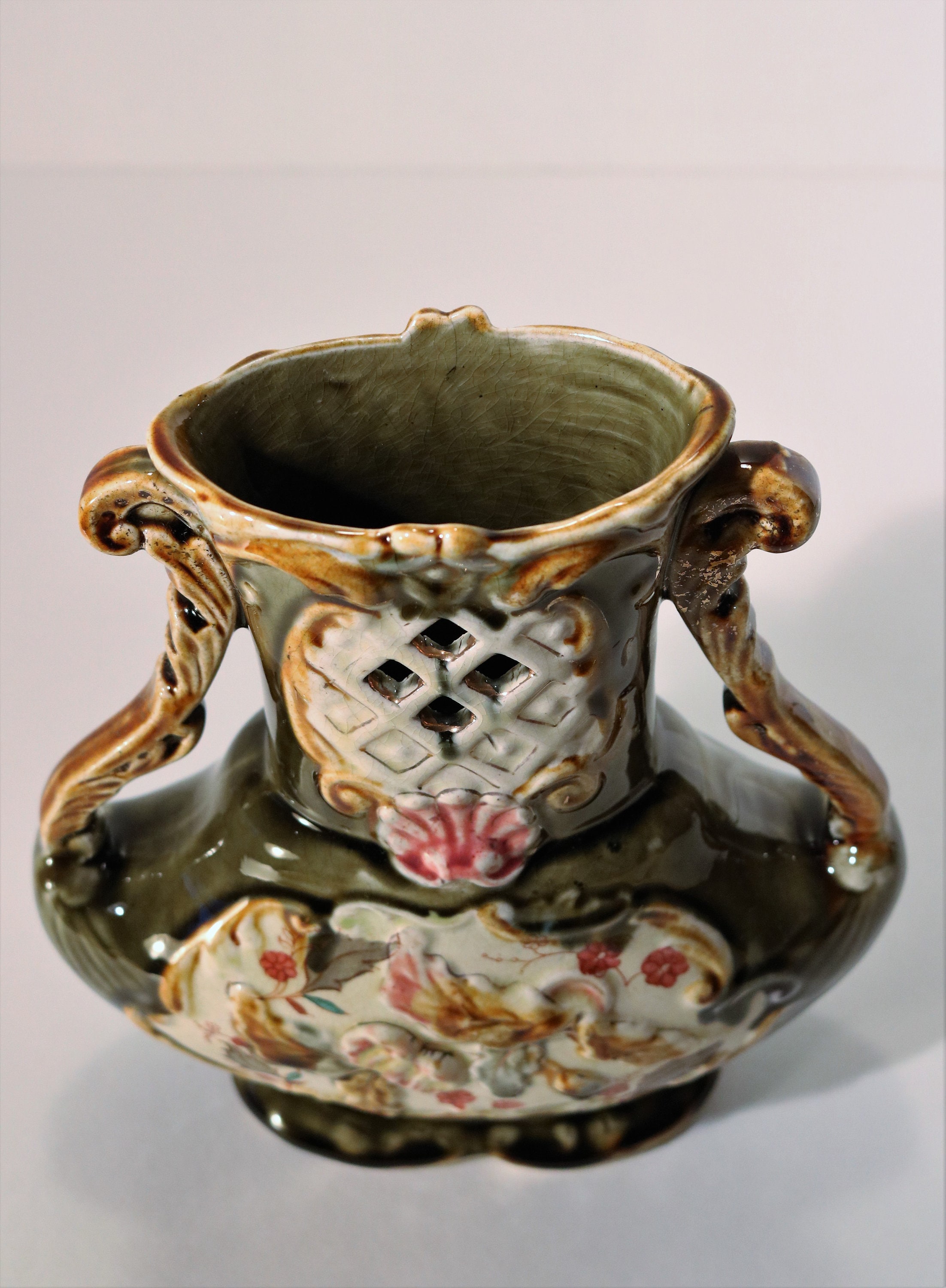 ca. 1900 Karlsruhe Germany Grand Ducal Majolica Floral Green Vase with