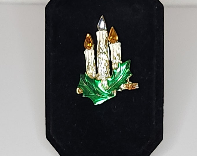 Vintage Silver Tone Candle Brooch Pin with Green Leaves and Yellow Rhinestones A-5-38