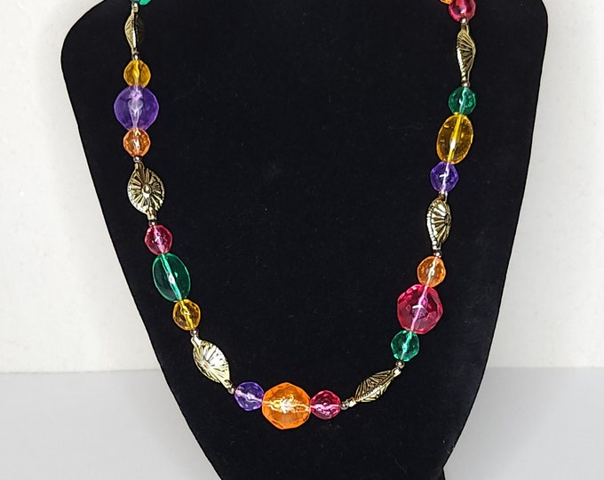 Vintage Multicolor Transparent Plastic Beads and Gold Tone Oval Shaped Beads Necklace B-3-40