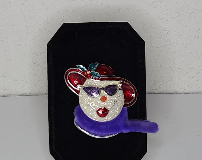 Vintage Red Hat Lady Snowman Brooch Pin in Silver Tone with Iridescent Glitter, Enamel, and Pipe Cleaner C-1-53