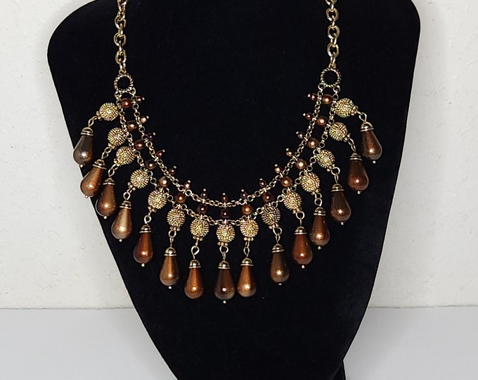 Vintage Gold Tone and Brown Beaded Fringe Necklace C-8-55