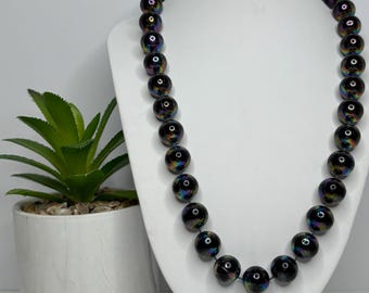 Vintage Peacock-Oil Slick Iridized Plastic Bead Necklace 19” D-7-96