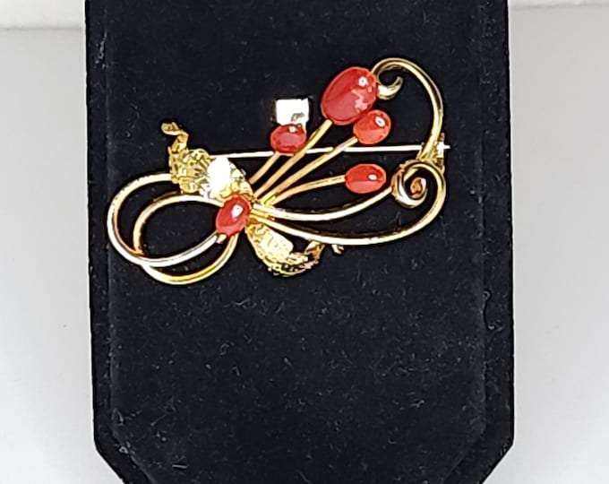 Vintage Gold Tone Floral Brooch Pin with Red Cabochons and Gold Tone Leaves B-4-20