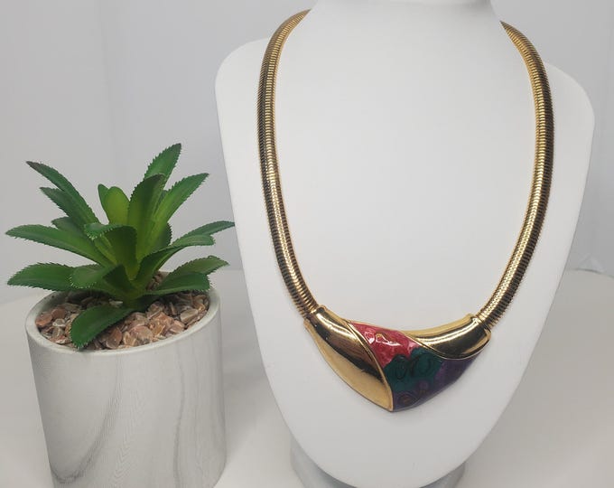 1980's Style Gold-Tone Omega Chain With Pink, Green, and Purple Enamel Approx 18" D-6-2