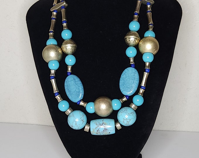 Vintage Chico's Signed Two Strand Faux Turquoise, Gold Tone and Cobalt Blue Beaded Necklace B-9-3
