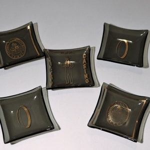 MCM Smoke Glass Personal Square Advertising Set of 5 Ashtrays - Lucky Casino//First National Community Bank//O