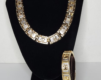 Vintage 1980's Dynasty Two Tone Elephant Links Collar Necklace and Clamper Bracelet D-1-9