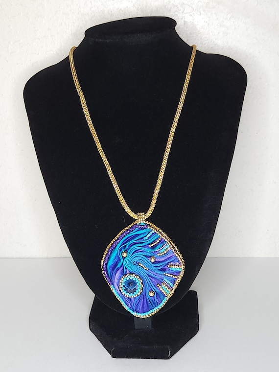 Vintage Purple and Teal Satin Fabric Pendant with 