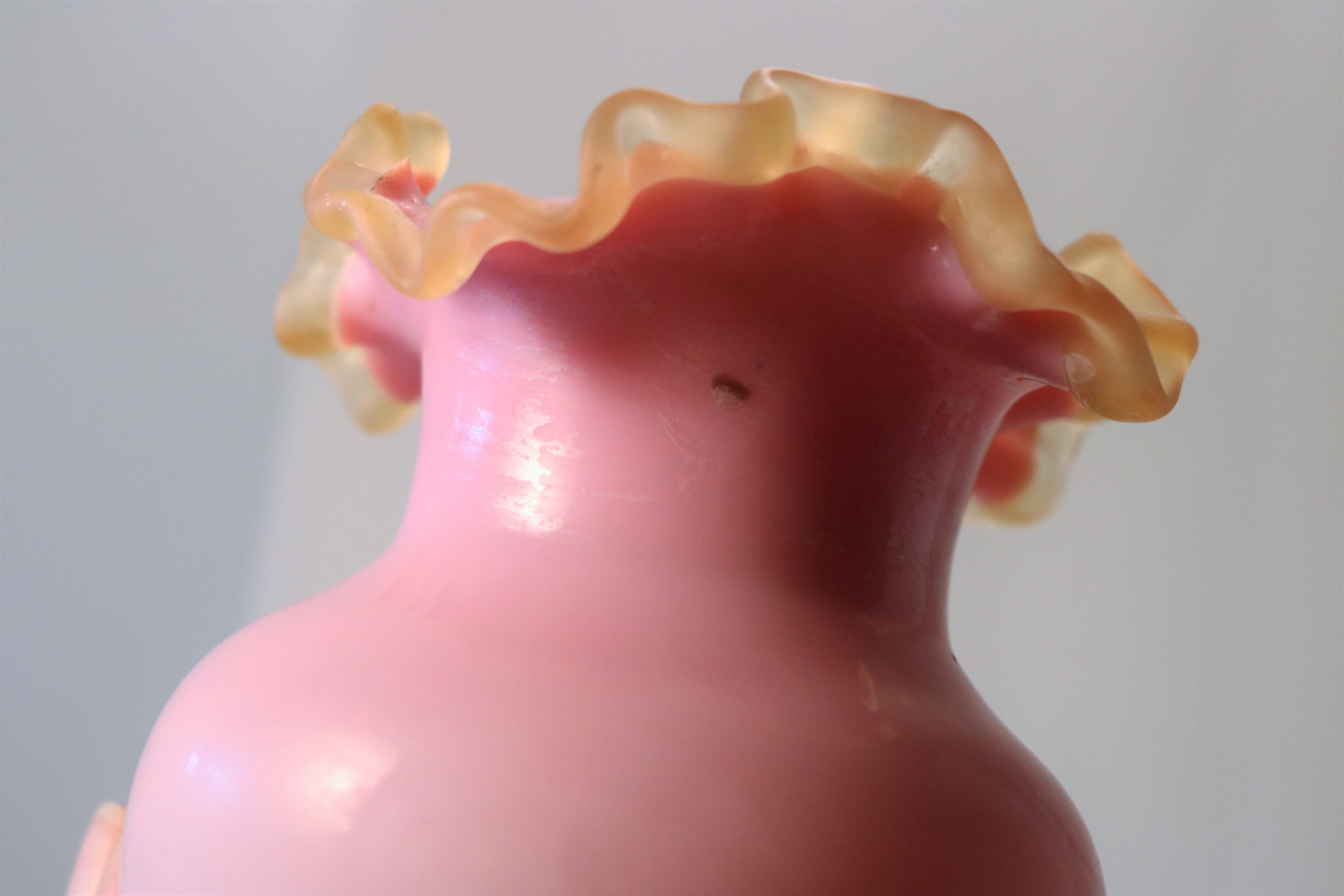 Victorian Pink Satin Glass 5 Vase with Ruffled Edge