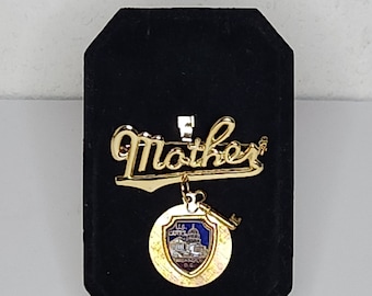 Vintage Gold Tone "Mother" Brooch Pin with US Capitol and Key Pendants C-8-4