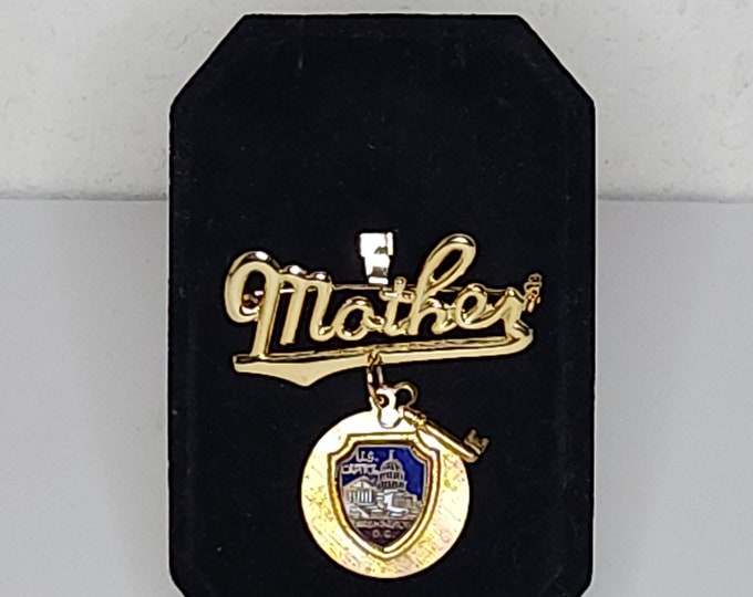 Vintage Gold Tone "Mother" Brooch Pin with US Capitol and Key Pendants C-8-4