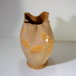 1850-1900&#39;s Sand Majolica Golden Yellow Pinched Vase with Leaf Pattern Rare and Pretty!