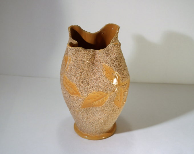 1850-1900's Sand Majolica Golden Yellow Pinched Vase with Leaf Pattern Rare and Pretty!