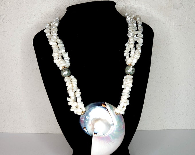 Vintage Mother of Pearl / Abalone Disco Ball Triple Strand Statement Necklace with Nautilus Shell Pendant D-3-100