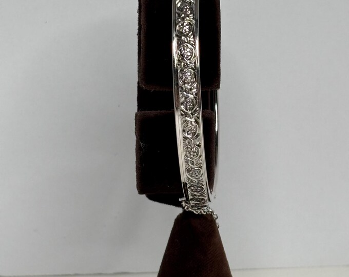 Vintage Silver Tone Floral Whiting and Davis Clamper Bracelet Marked with Safety Chain Size 6.75” D-8-44