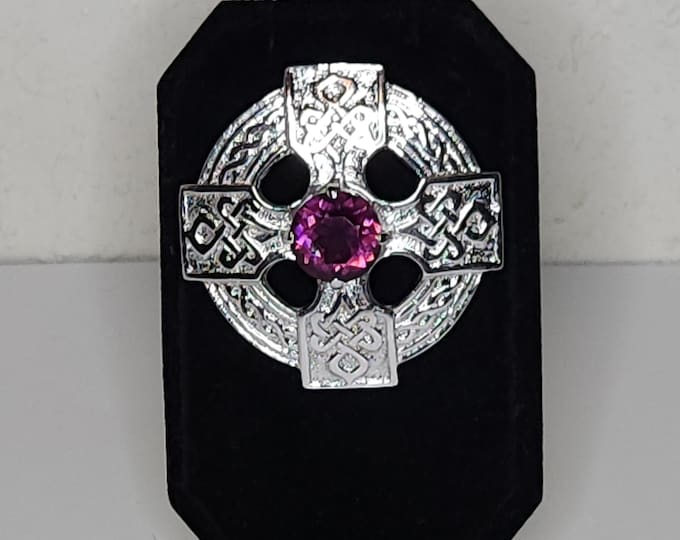Vintage Amethyst Glass Celtic Cross Silver Tone Brooch Pin C-7-53