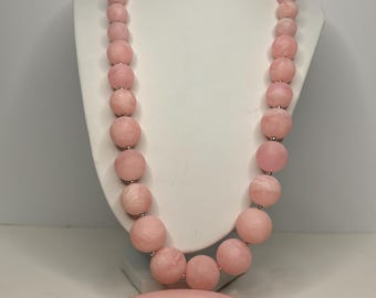 Vintage Pink Faux Stone Necklace 30” and Bangles Size 8 Set Silver Tone Accent Beads D-7-98