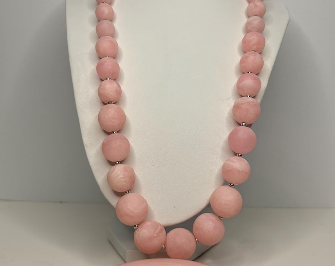 Vintage Pink Faux Stone Necklace 30” and Bangles Size 8 Set Silver Tone Accent Beads D-7-98
