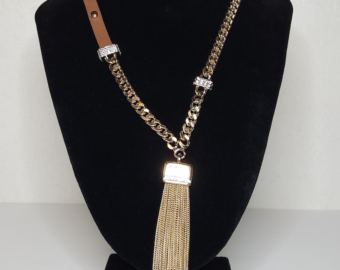 Vintage White House Black Market Genuine Leather and Gold Tone Chain Tassel Necklace 36 Inch A-7-32-JM