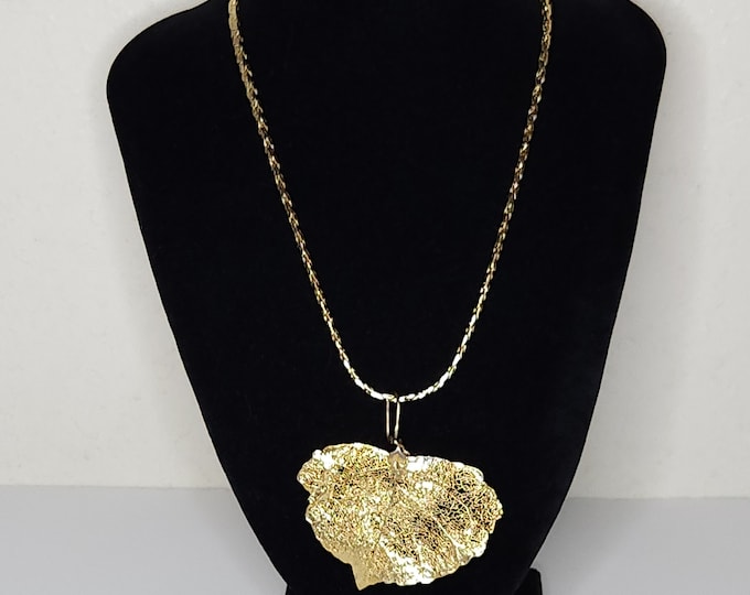 Vintage Korea 14K GP Marked Gold Dipped Leaf Pendant on Gold Plated Snake Chain Necklace C-8-54