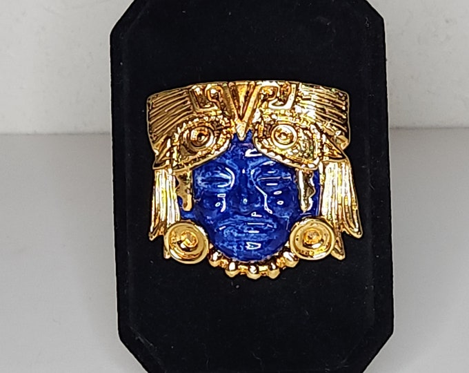 Vintage Salvador Teran 1960's Tribal Aztec 'Mayan Gold' Mask 22K Gold Filled Metal Brooch Pin B-1-38
