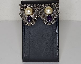 Vintage Artisan Silver Tone Earrings with Amethyst and Faux Pearls C-9-80