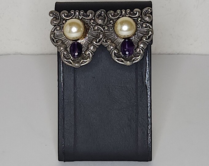 Vintage Artisan Silver Tone Earrings with Amethyst and Faux Pearls C-9-80