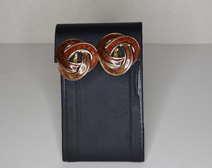 Vintage Vogue Les Bernard Made in USA Marked Brown Enameled Knot Clip-On Earrings B-1-30