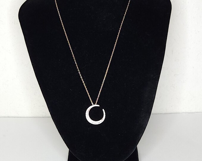 Vintage Vermeil Rose Gold Over Sterling Crescent Pendant with CZ Necklace B-7-76