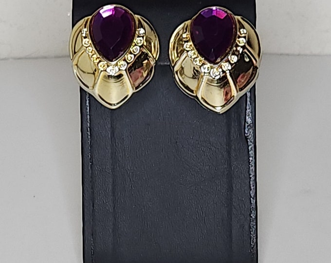 Vintage Large Plastic Clip-On Earrings with Gold Tone Finish and Purple Teardrop Rhinestones C-7-43