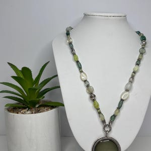 Shades of Green Glass and Mother of Pearl (MOP)- Silver Tone 16” to 18” D-7-99